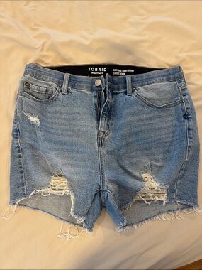torrid faded light blue distressed denim shorts